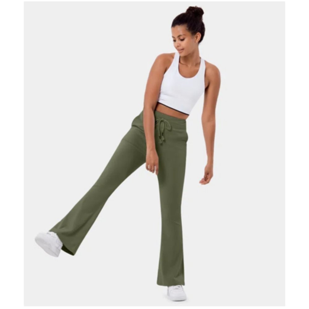 Halara Green High Waisted Drawstring Pocket Plain Flare Long Pants Size L NWT